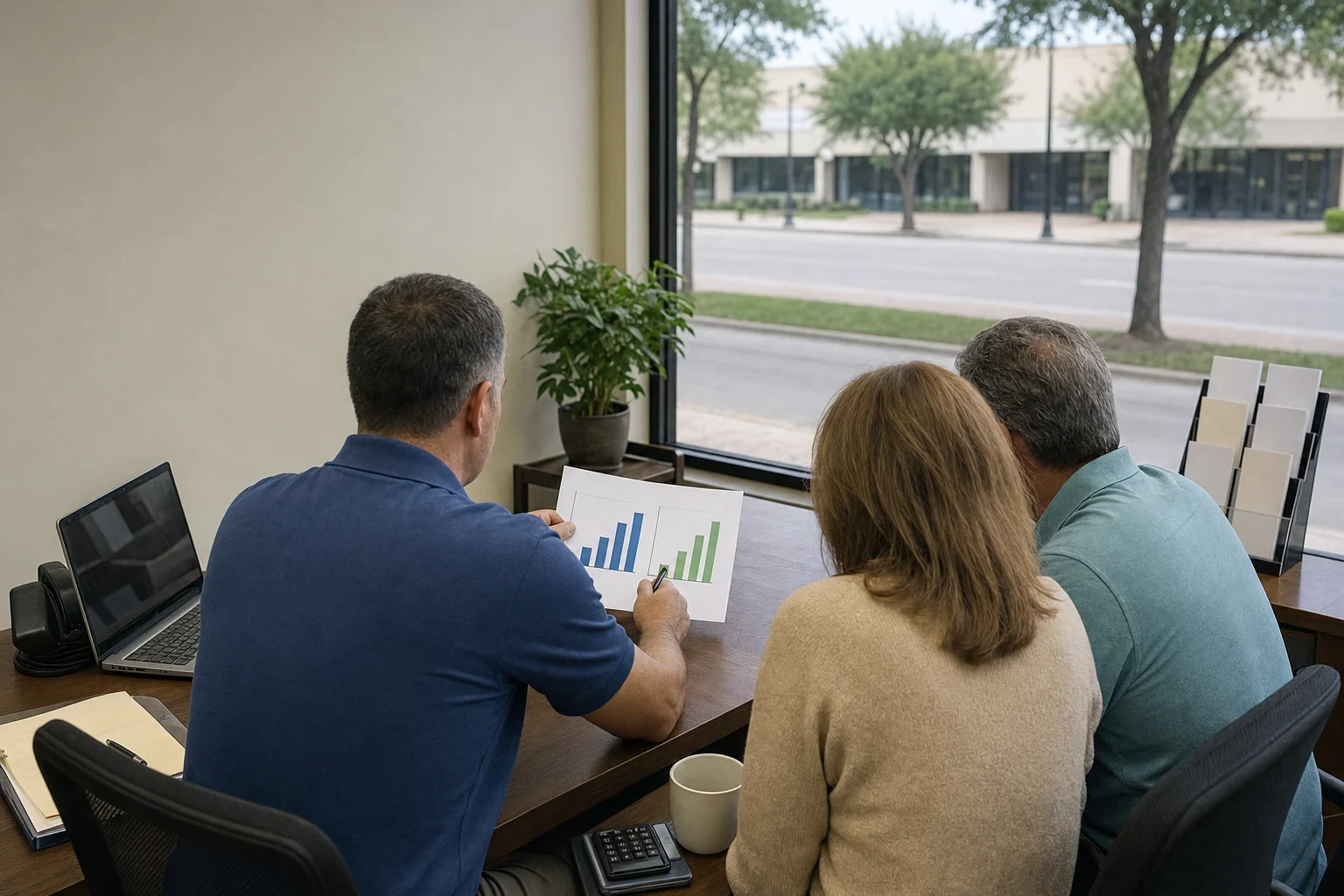 Agent in a blue polo shows a bar chart sheet to a middle-aged couple at a wooden desk by a window overlooking a tree-lined street and strip center