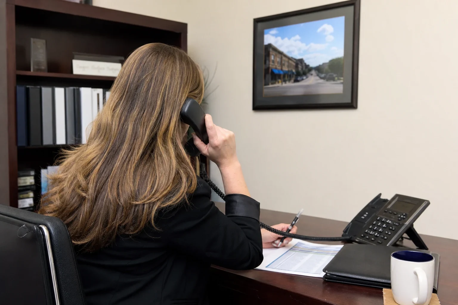 Agent seen from behind at a wooden desk, talking on a desk phone and writing on a printed sheet beside a folder and mug, with binders and a framed street photo behind