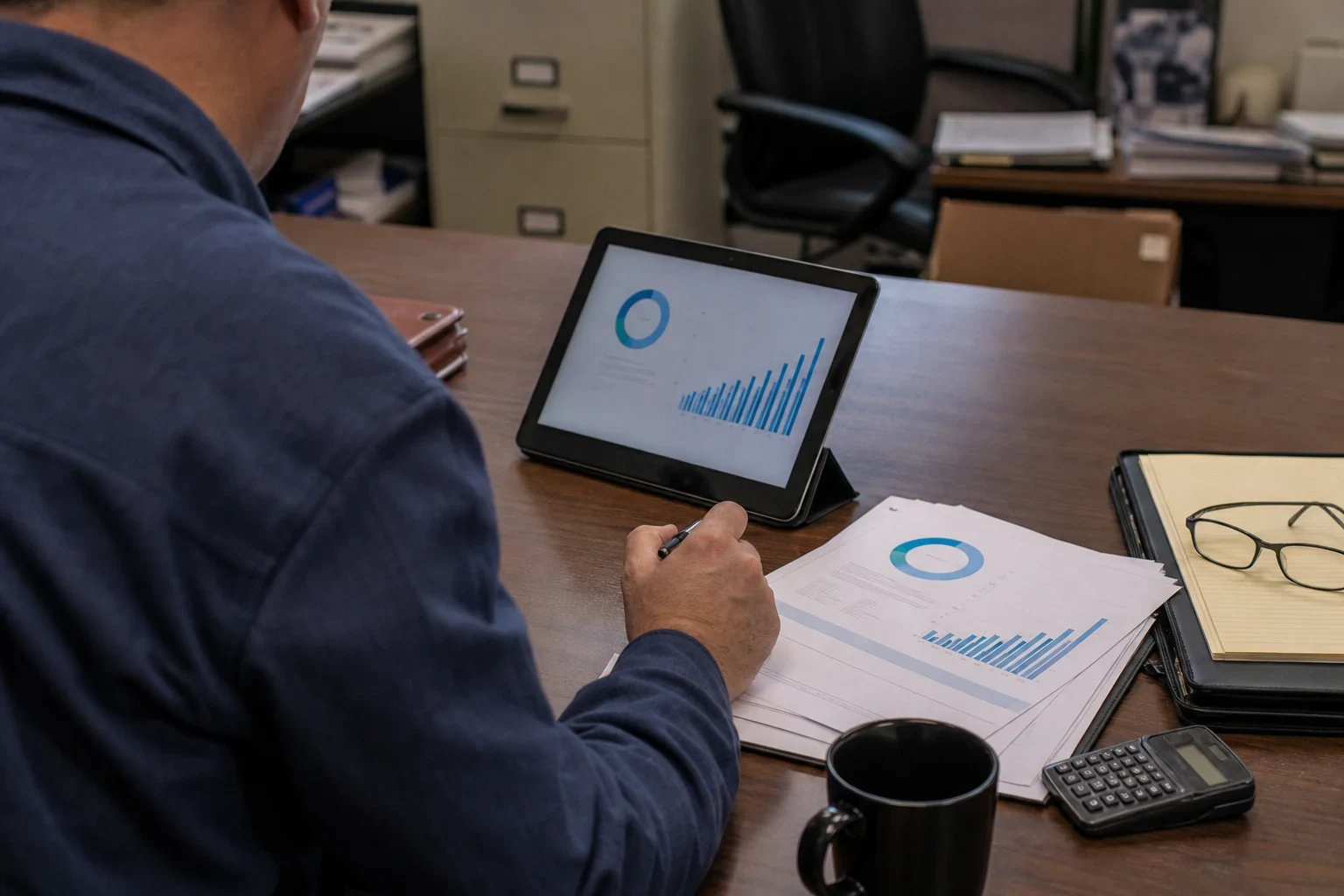 Over-the-shoulder view of a man reviewing charts on a tablet and printed reports at an office desk with a calculator, coffee mug, glasses and legal pad